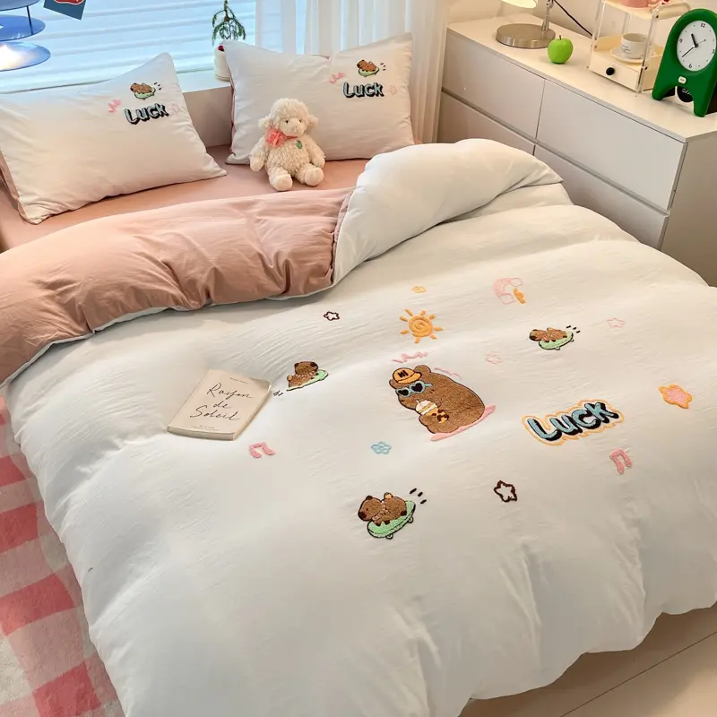 Luxurious Touch Super Soft Water-Washed Cotton Towel Embroidered Duvet Cover Set with Pillowcases - Enhanced Comfort