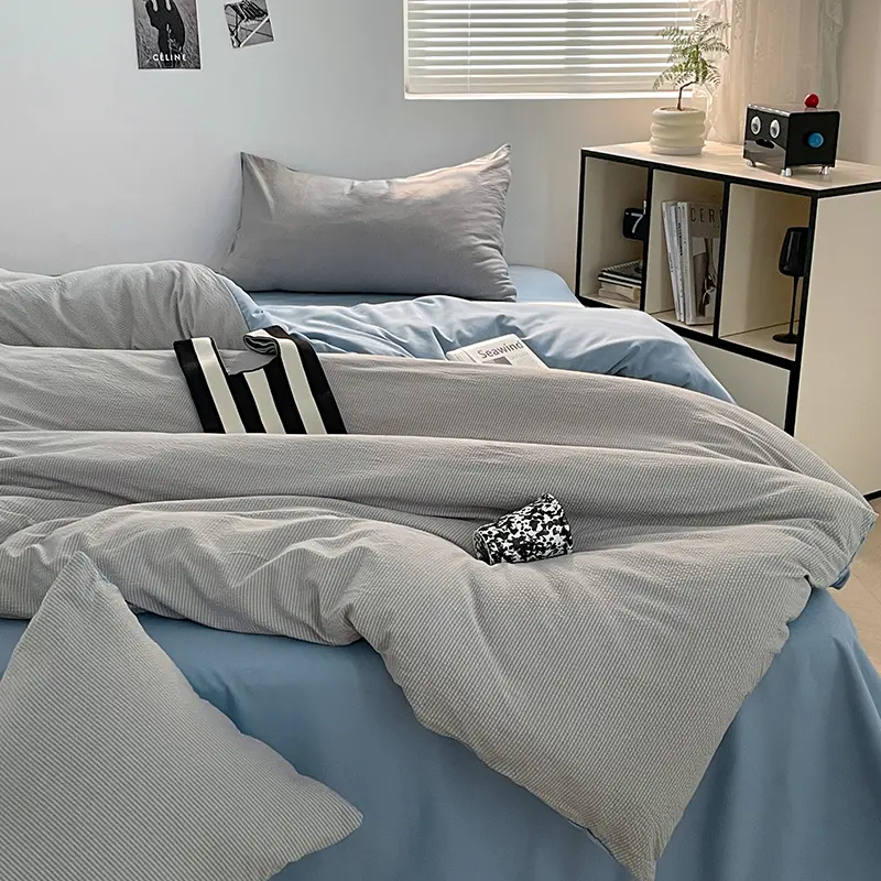 Two-tone Bubble Cotton Bedding Set - 4-Piece，1 Duvet Cover, 1 Flat Sheet, 2 Pillowcases,Solid Color，Skin-Friendly Soft ，Washable
