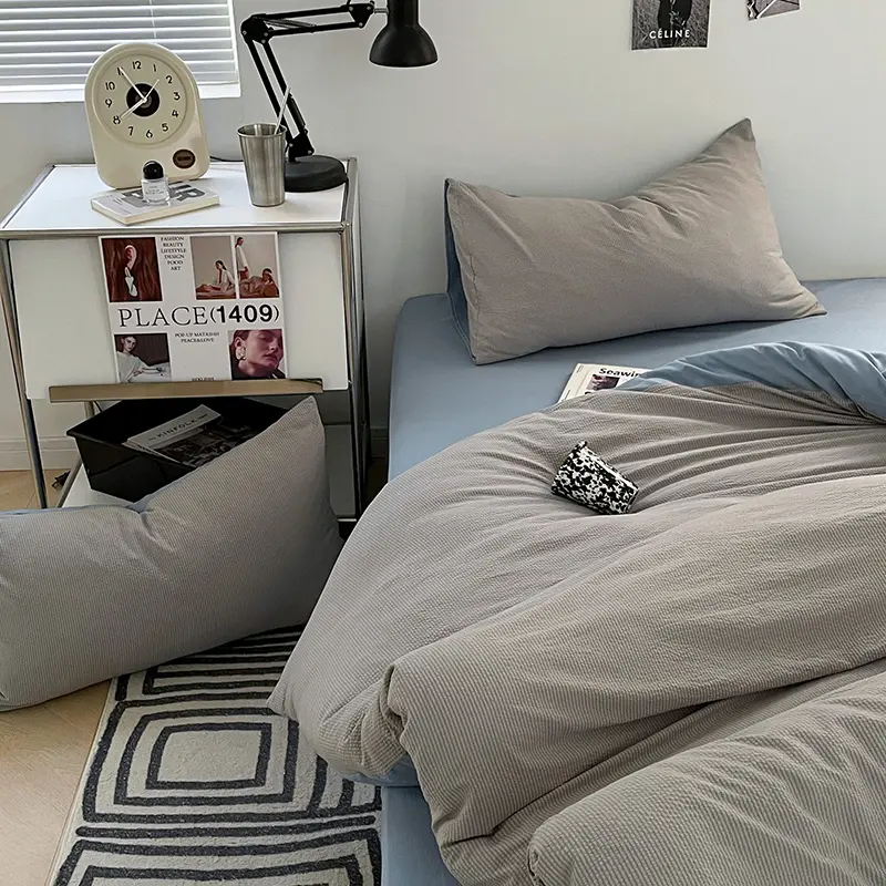 Two-tone Bubble Cotton Bedding Set - 4-Piece，1 Duvet Cover, 1 Flat Sheet, 2 Pillowcases,Solid Color，Skin-Friendly Soft ，Washable