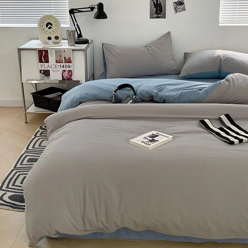 Two-tone Bubble Cotton Bedding Set - 4-Piece，1 Duvet Cover, 1 Flat Sheet, 2 Pillowcases,Solid Color，Skin-Friendly Soft ，Washable