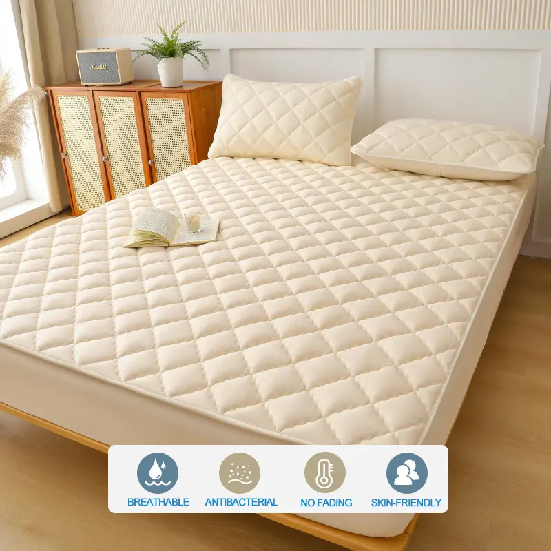 Premium Mattress Protector - Ultra Thick & Breathable Quilted Cotton Top Layer Mattress Cover- Antimicrobial & Noise-Free,Beige