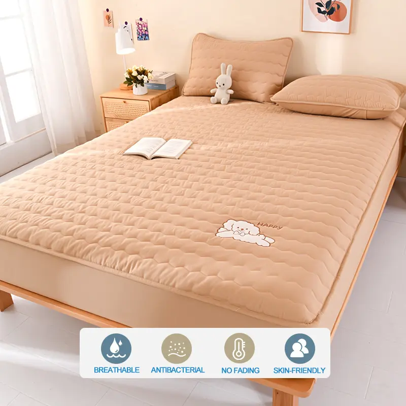 Luxury Embroidery Hypoallergenic Mattress Cover Breathable Mattress Protector Anti-mite Anti-bacterial Fitted Bed Sheet, Khaki