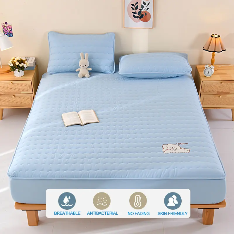 Luxury Embroidery Hypoallergenic Mattress Cover Breathable Mattress Protector Anti-mite Anti-bacterial Fitted Sheet, Sky orchid