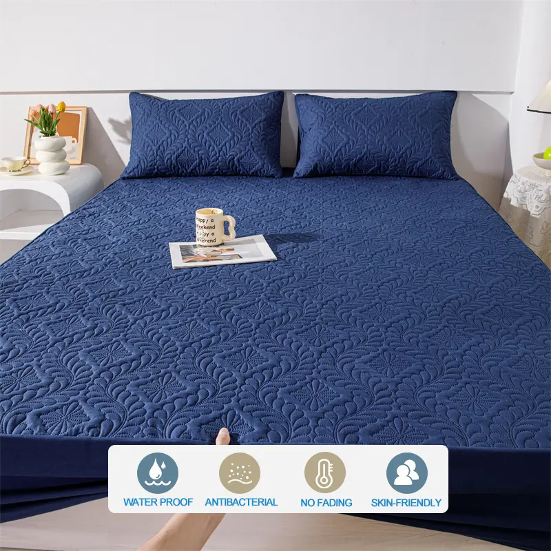 Waterproof Mattress Cover Hypoallergic Breathable Mattress Protector Anti-mite Anti-bacterial Fitted Bed Sheet,Navy blue