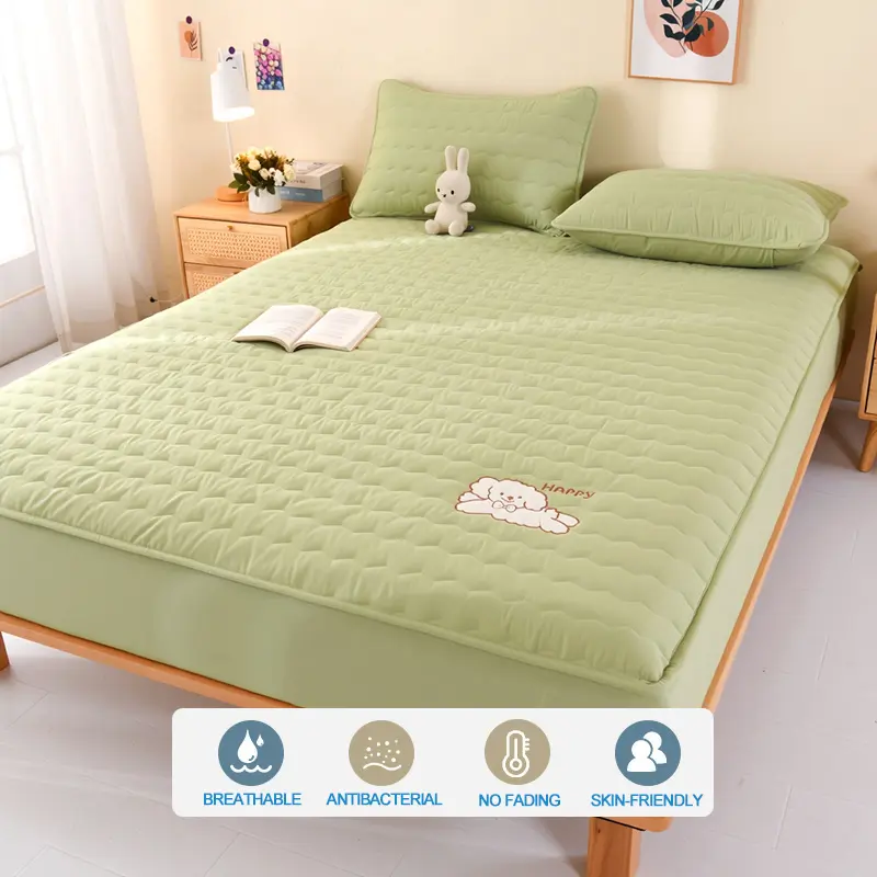 Luxury Embroidery Hypoallergenic Mattress Cover Breathable Mattress Protector Anti-mite Anti-bacterial Fitted Bed Sheet,Green