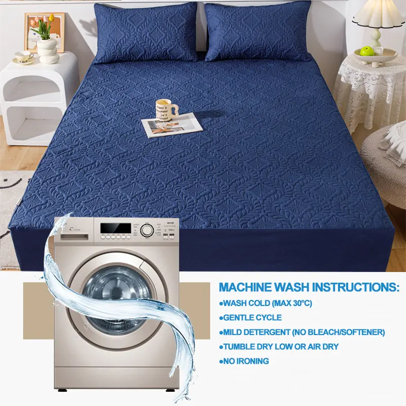 Waterproof Mattress Cover Hypoallergic Breathable Mattress Protector Anti-mite Anti-bacterial Fitted Bed Sheet,Navy blue