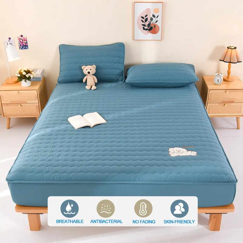 Luxury Embroidery Hypoallergenic Mattress Cover Breathable Mattress Protector Anti-mite Anti-bacterial Fitted Bed Sheet, Blue
