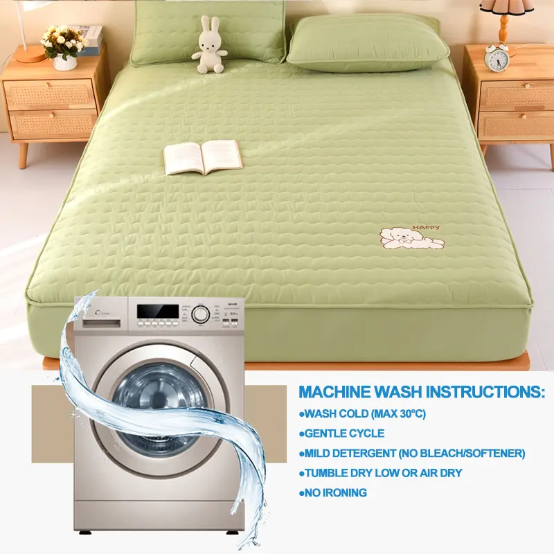 Luxury Embroidery Hypoallergenic Mattress Cover Breathable Mattress Protector Anti-mite Anti-bacterial Fitted Bed Sheet,Green