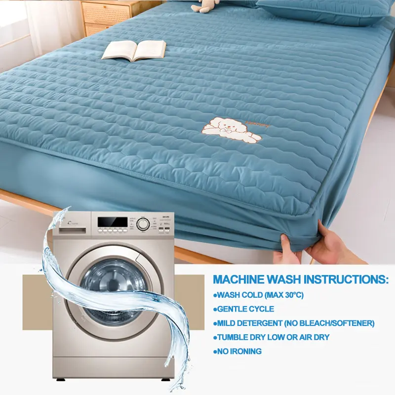 Luxury Embroidery Hypoallergenic Mattress Cover Breathable Mattress Protector Anti-mite Anti-bacterial Fitted Bed Sheet, Blue