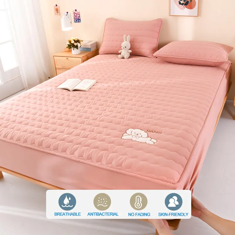 Luxury Embroidery Hypoallergenic Mattress Cover Breathable Mattress Protector Anti-mite Anti-bacterial Fitted Sheet,Bean paste