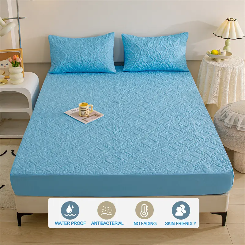 Waterproof Mattress Cover Hypoallergic Breathable Mattress Protector Anti-mite Anti-bacterial Fitted Bed Sheet, Light blue