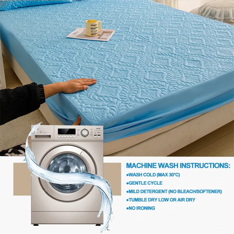 Waterproof Mattress Cover Hypoallergic Breathable Mattress Protector Anti-mite Anti-bacterial Fitted Bed Sheet, Light blue