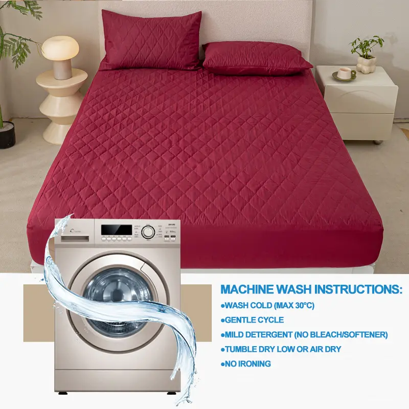 Waterproof Mattress Protector - Hypoallergenic Mattress Cover, Soft & Noiseless, Bed Sheet, Anti-Slip & Washable,Wine red