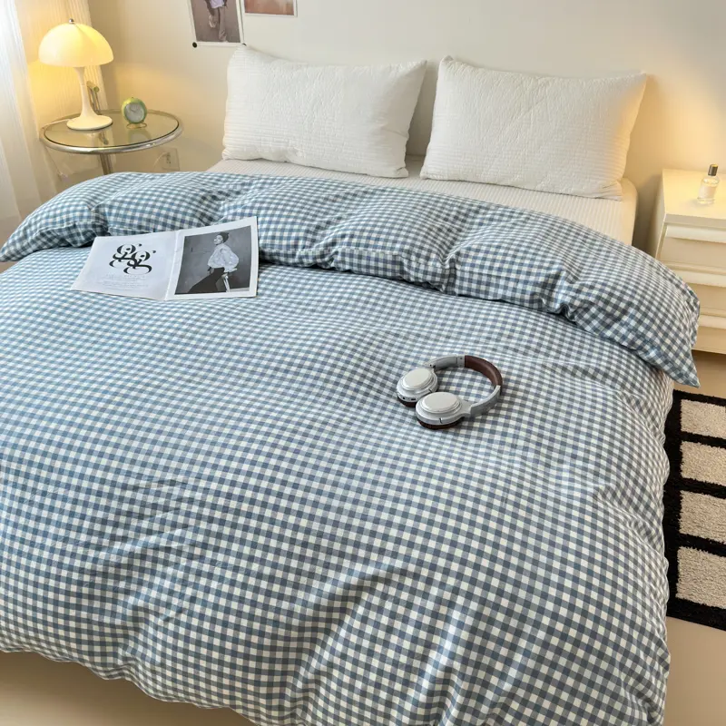 100% Cotton Duvet Cover 1Piece- Classic Blue Checkered Design, Luxury Washed Finish, Quilt Cover for Bedroom,Zipper Closure