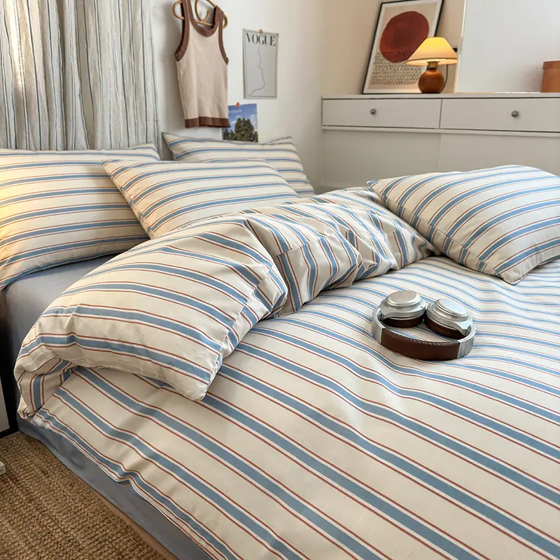 100% Cotton Stripe Style Duvet Cover Set 3-Piece (1 Duvet Cover + 2 Pillowcases),Minimalist Bedding Set for All Seasons
