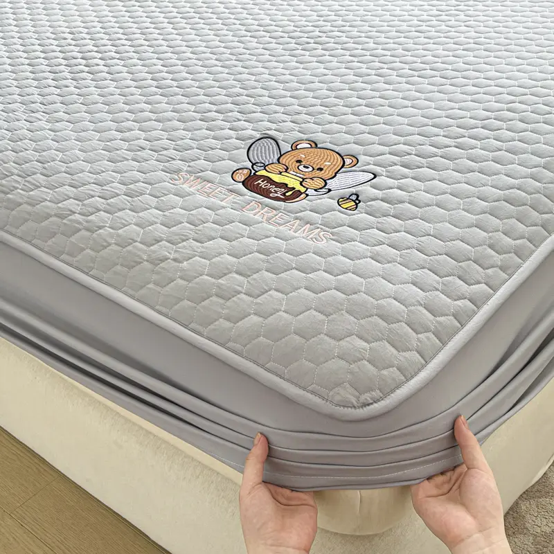 Luxury Quilted Mattress Protector with Honey Pot Embroidery,Mattress Cover - Antibacterial, Breathable,for a Cozy Sleep