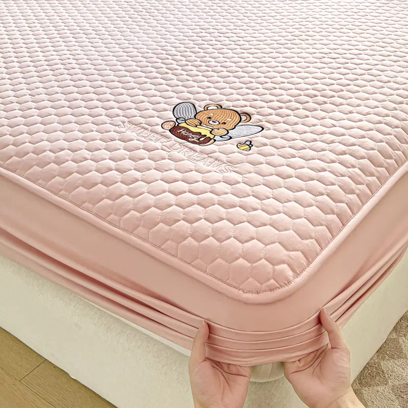 Luxury Quilted Mattress Protector with Honey Pot Embroidery,Mattress Cover - Antibacterial, Breathable,for a Cozy Sleep