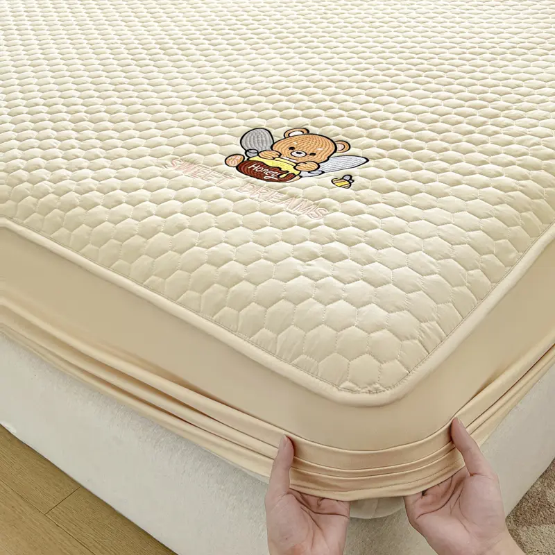 Luxury Quilted Mattress Protector with Honey Pot Embroidery,Mattress Cover - Antibacterial, Breathable,for a Cozy Sleep