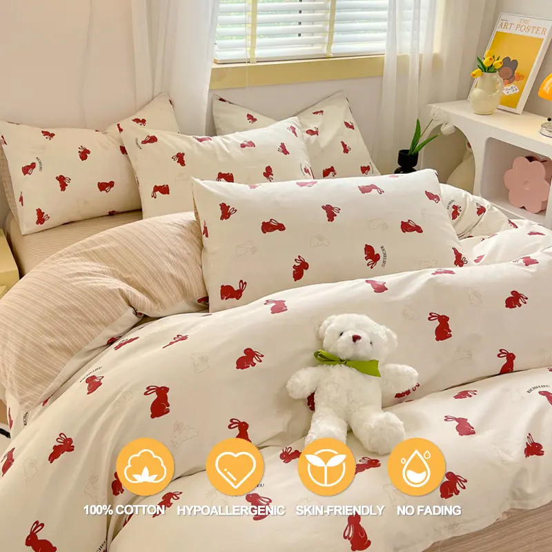 100% Cotton Duvet Cover Set Bedding Set- Red Bunny & Striped Design Duvet Cover with 2 Pillowcases, Soft Breathable Bedding