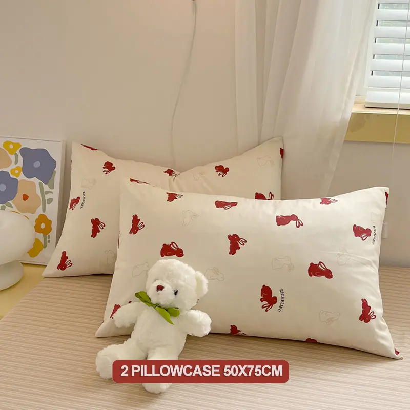 100% Cotton Duvet Cover Set Bedding Set- Red Bunny & Striped Design Duvet Cover with 2 Pillowcases, Soft Breathable Bedding