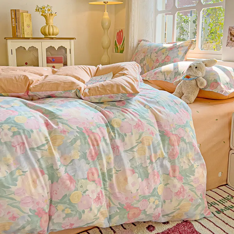 Pastel Fresh Floral Super Soft 100% Cotton Bedding Set  3Pcs-1 Duvet Cover 2 Pillowcases,Skin-friendly Comfortable,Quilt Cover