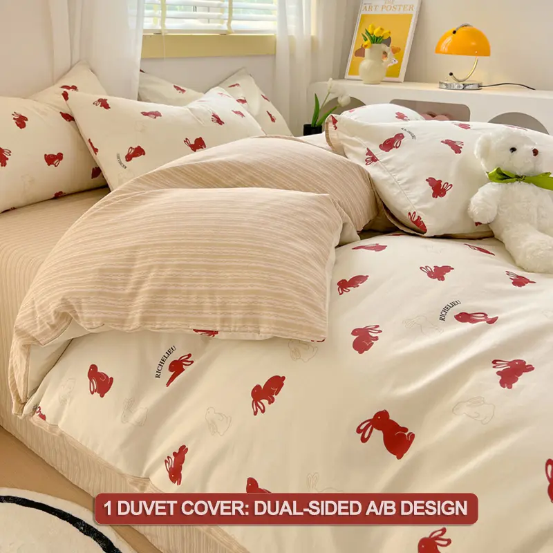100% Cotton Duvet Cover Set Bedding Set- Red Bunny & Striped Design Duvet Cover with 2 Pillowcases, Soft Breathable Bedding