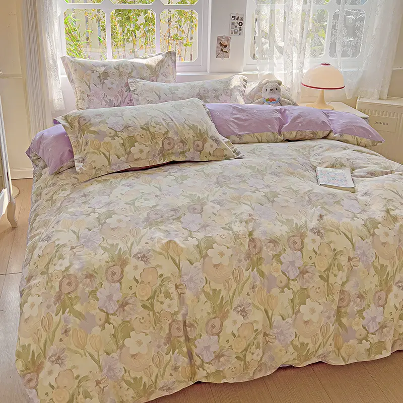 Pastel Fresh Floral Super Soft 100% Cotton Bedding Set  3Pcs-1 Duvet Cover 2 Pillowcases,Skin-friendly Comfortable,Quilt Cover