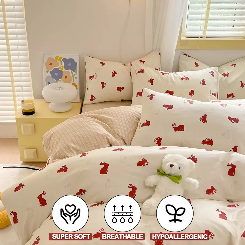 100% Cotton Duvet Cover Set Bedding Set- Red Bunny & Striped Design Duvet Cover with 2 Pillowcases, Soft Breathable Bedding
