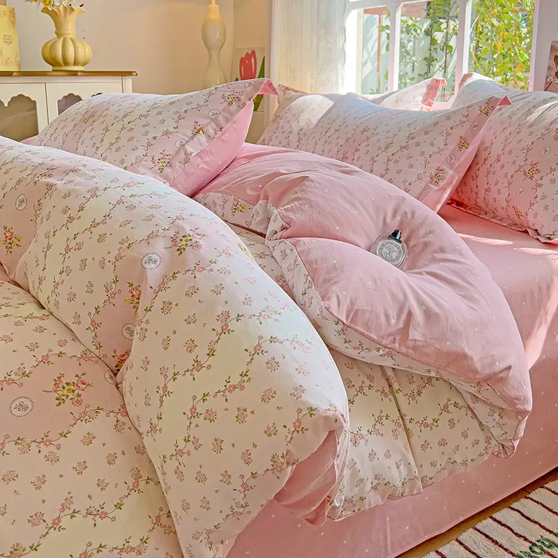 Pastel Fresh Floral Super Soft 100% Cotton Bedding Set  3Pcs-1 Duvet Cover 2 Pillowcases,Skin-friendly Comfortable,Quilt Cover