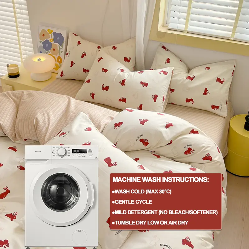 100% Cotton Duvet Cover Set Bedding Set- Red Bunny & Striped Design Duvet Cover with 2 Pillowcases, Soft Breathable Bedding