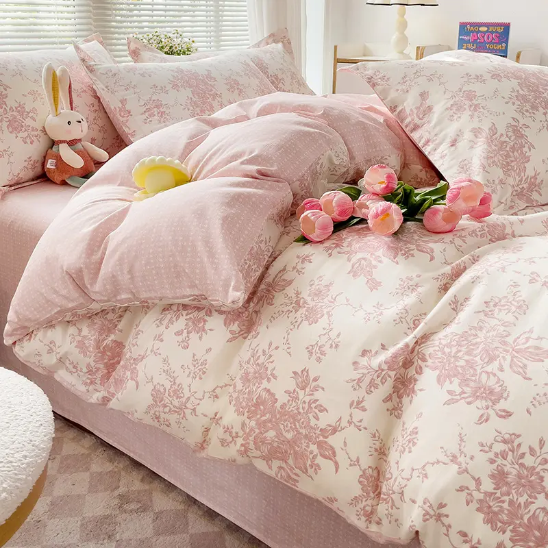 Pastel Fresh Floral Super Soft 100% Cotton Bedding Set  3Pcs-1 Duvet Cover 2 Pillowcases,Skin-friendly Comfortable,Quilt Cover