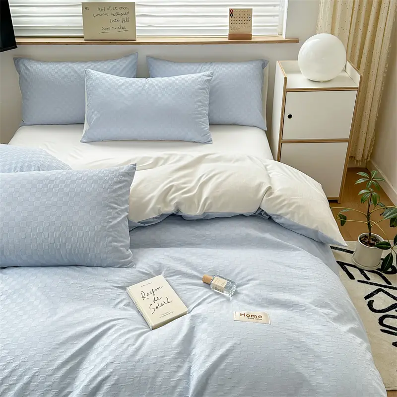 New Arrival Washed Cotton Waffle Jacquard Bedding Set,Duvet Cover with Zipper, Pillow Cases,Contrasting Color Super Soft