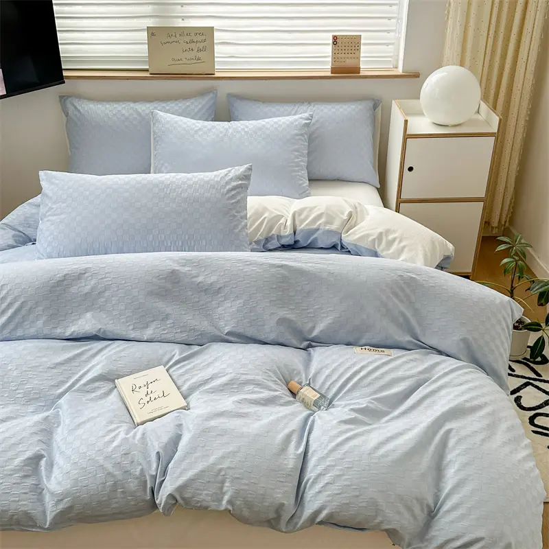 New Arrival Washed Cotton Waffle Jacquard Bedding Set,Duvet Cover with Zipper, Pillow Cases,Contrasting Color Super Soft