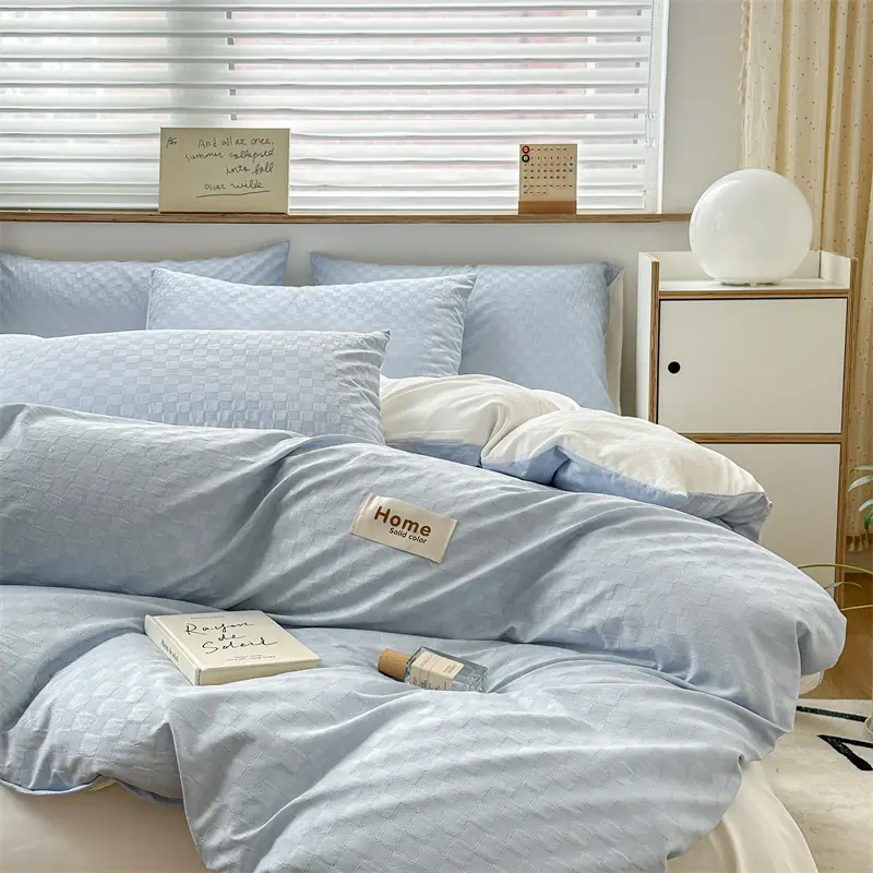 New Arrival Washed Cotton Waffle Jacquard Bedding Set,Duvet Cover with Zipper, Pillow Cases,Contrasting Color Super Soft