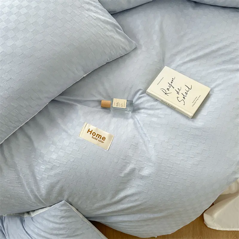 New Arrival Washed Cotton Waffle Jacquard Bedding Set,Duvet Cover with Zipper, Pillow Cases,Contrasting Color Super Soft