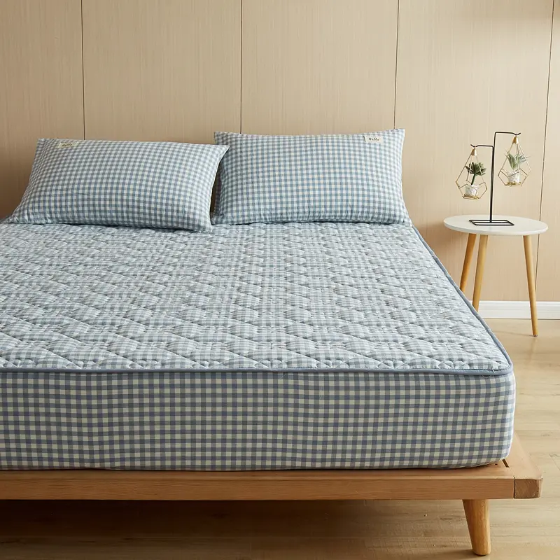 Yarn-Dyed Washed Cotton Mattress Protector 1 Piece-Breathable Antibacterial Anti-Slip Hypoallergenic, Noiseless Mattress Cover
