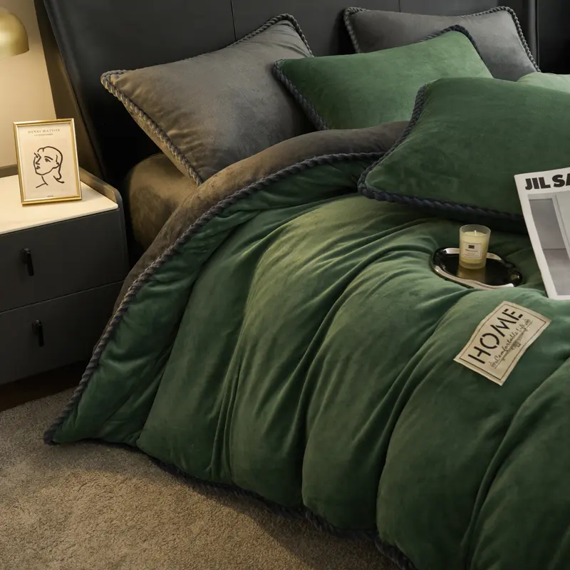 High-Weight Flannel Duvet Cover 1Pc- European Piping, Color-Blocked Design, Plush Comfort for a Chic Bedroom Upgrade