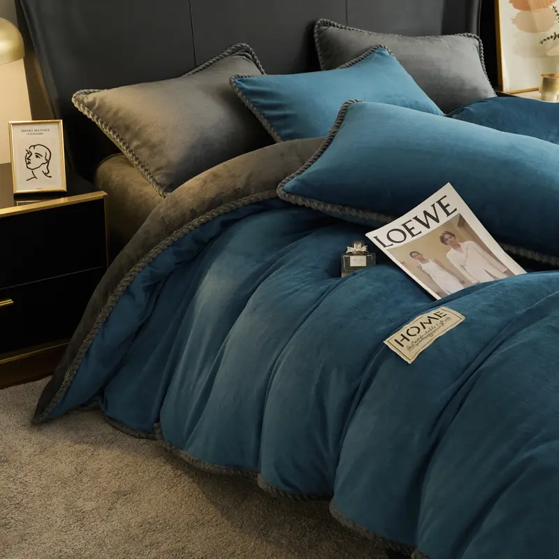 High-Weight Flannel Duvet Cover 1Pc- European Piping, Color-Blocked Design, Plush Comfort for a Chic Bedroom Upgrade