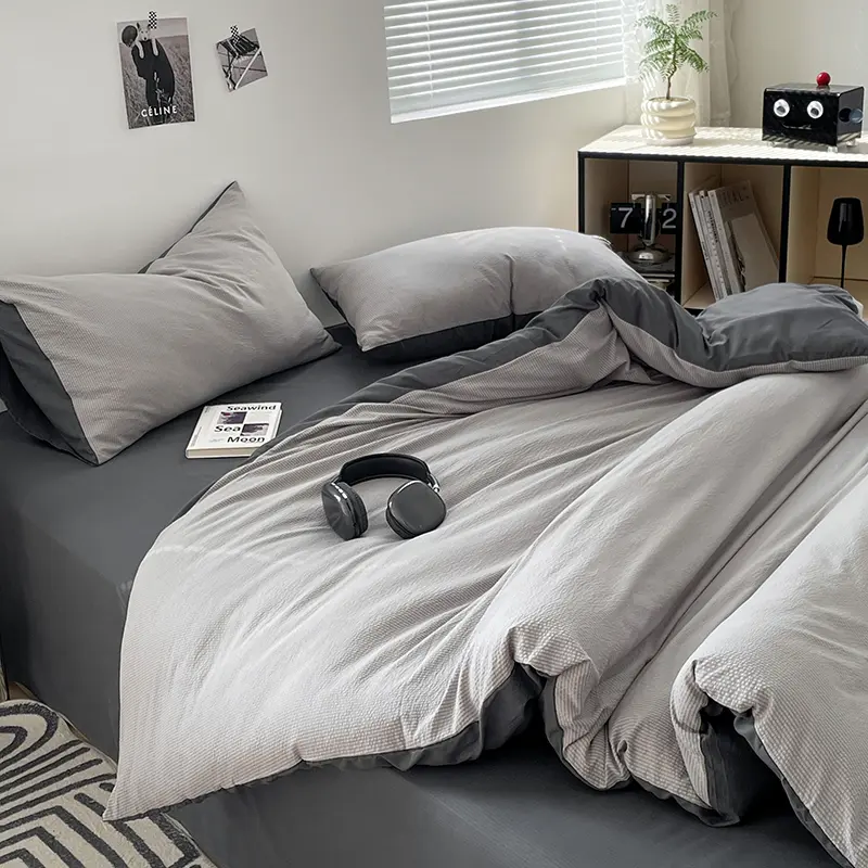 Solid Dual-Tone Ultra-Soft Bubble Cotton Bedding Set - 3-Piece With Duvet Cover& Pillowcases, Simple Style, Washable, Non-Fading
