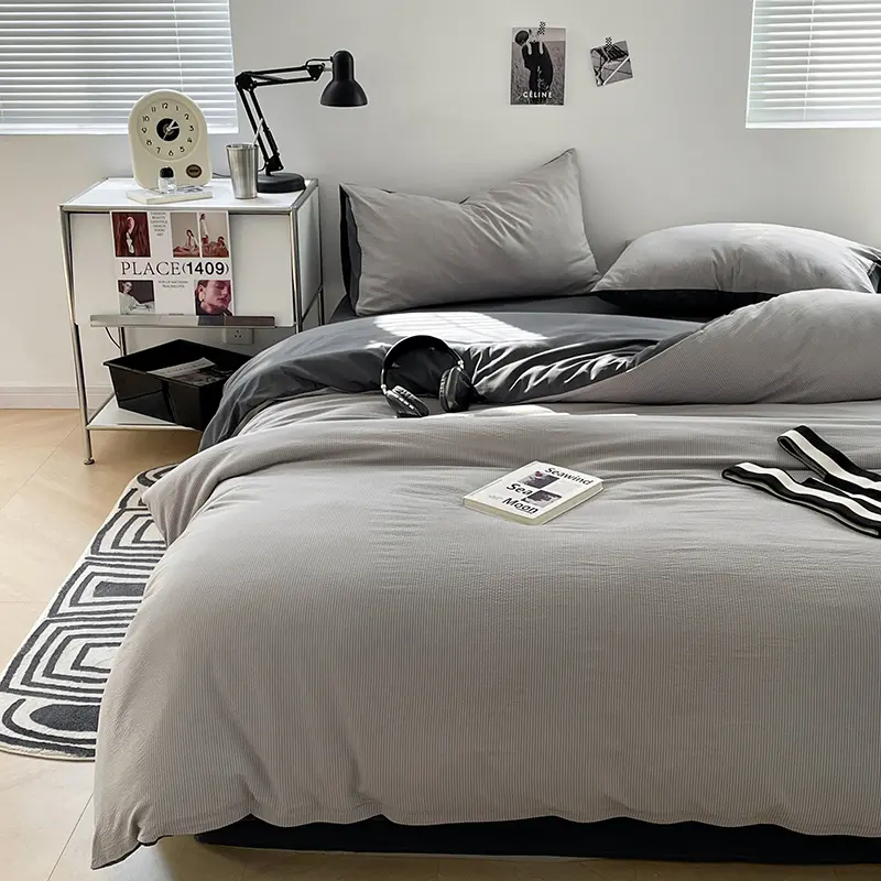 Solid Dual-Tone Ultra-Soft Bubble Cotton Bedding Set - 3-Piece With Duvet Cover& Pillowcases, Simple Style, Washable, Non-Fading