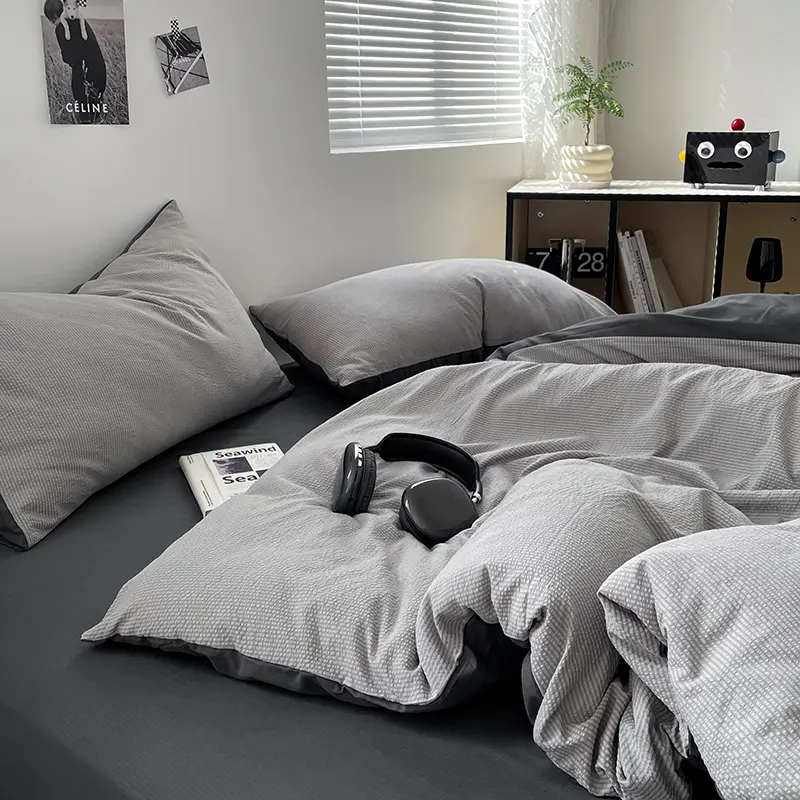 Solid Dual-Tone Ultra-Soft Bubble Cotton Bedding Set - 3-Piece With Duvet Cover& Pillowcases, Simple Style, Washable, Non-Fading