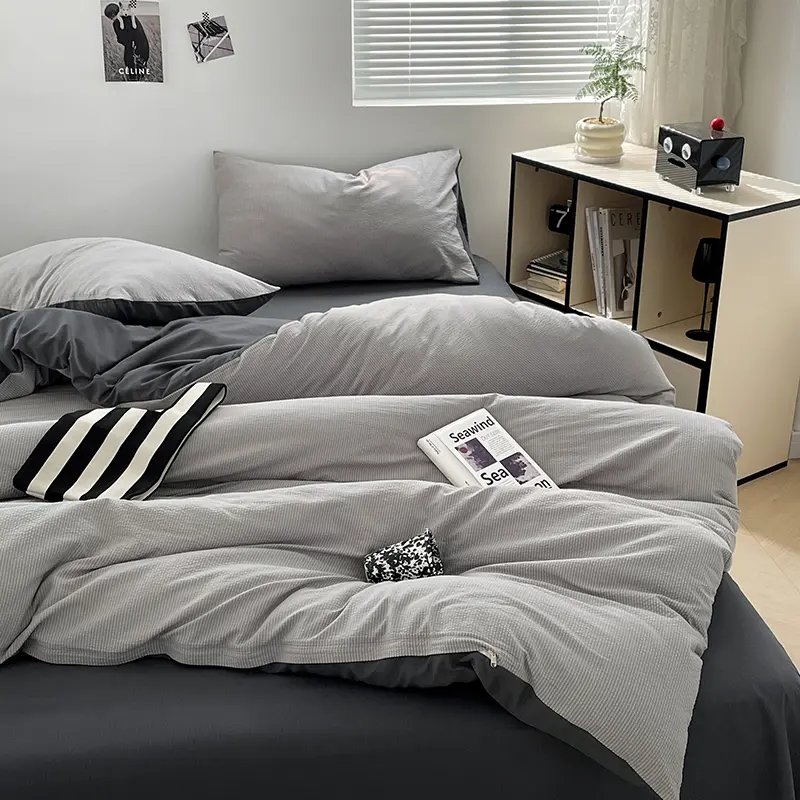 Solid Dual-Tone Ultra-Soft Bubble Cotton Bedding Set - 3-Piece With Duvet Cover& Pillowcases, Simple Style, Washable, Non-Fading