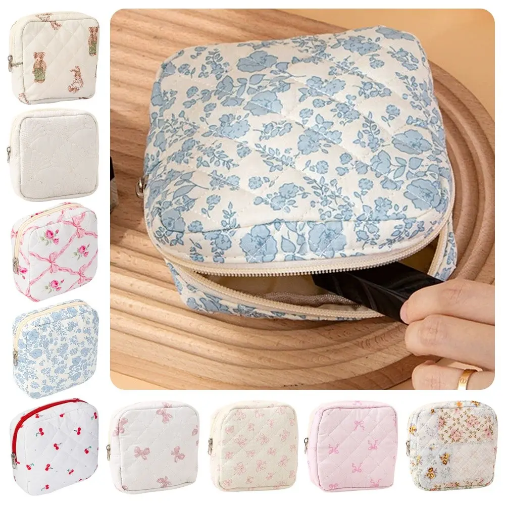 Flower Cartoon Design Sanitary Napkins Bag Compact & Portable Zipper Closure Storage Pouch Multipurpose Coin Purse