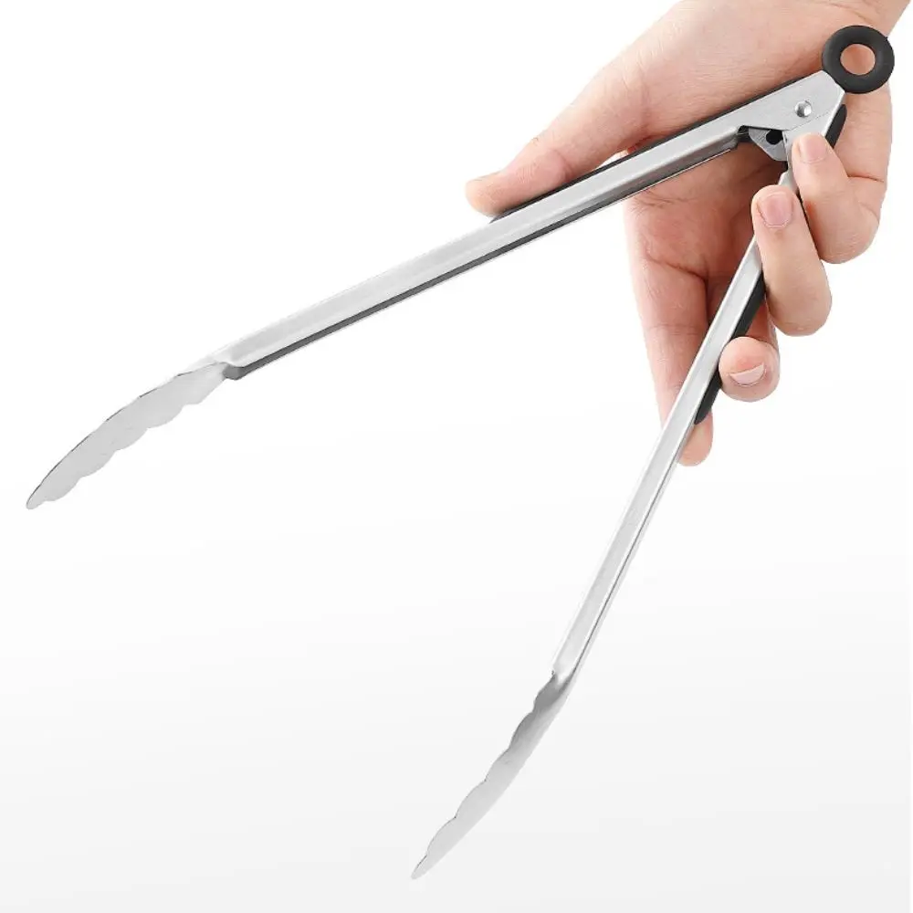 New Stainless Steel Barbecue Tongs Non-Slip Lengthened Bread Tongs Thickened Silver Food Tongs Camping Supplies