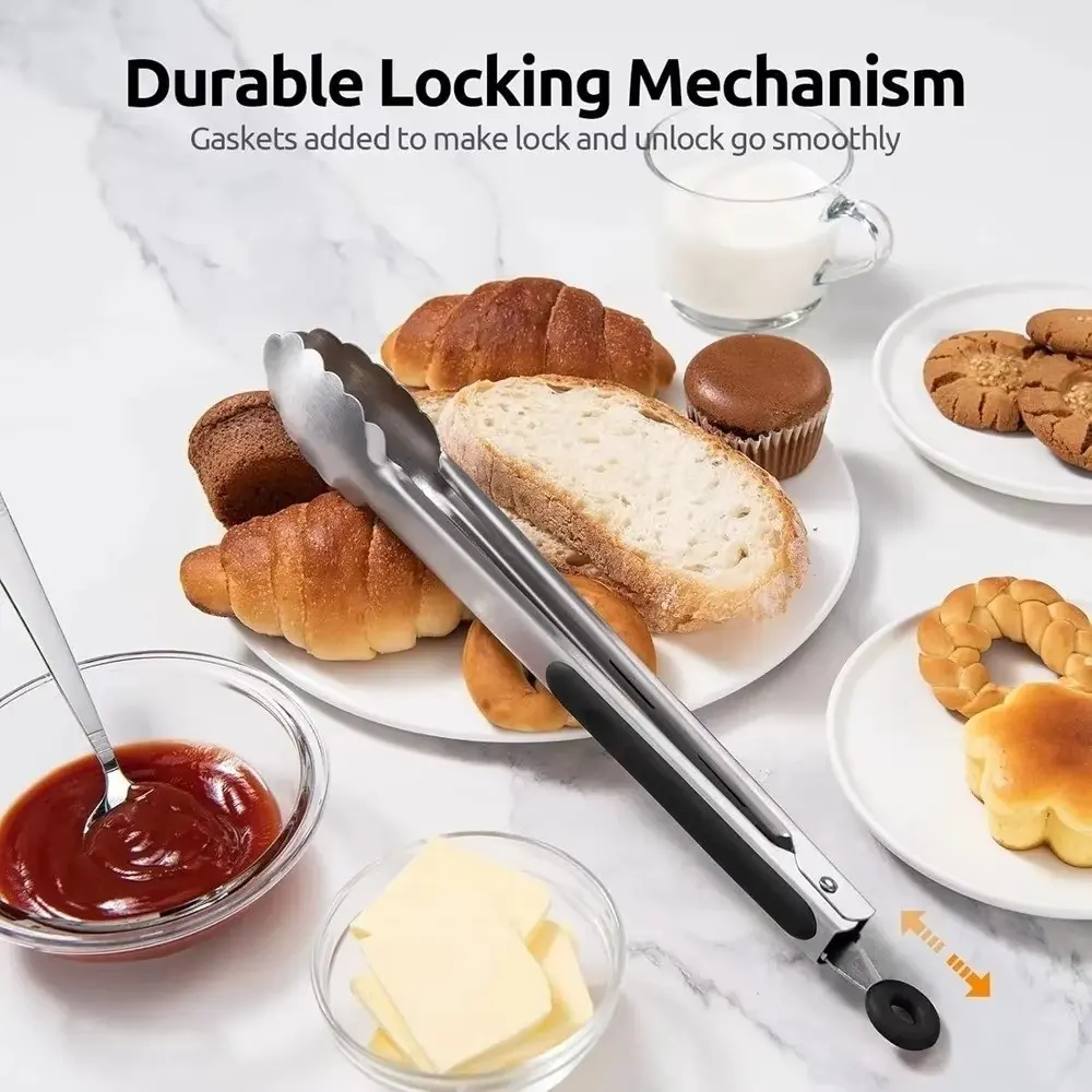 New Stainless Steel Barbecue Tongs Non-Slip Lengthened Bread Tongs Thickened Silver Food Tongs Camping Supplies