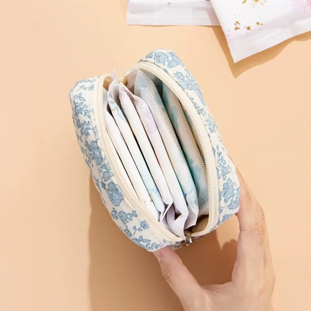 Flower Cartoon Design Sanitary Napkins Bag Compact & Portable Zipper Closure Storage Pouch Multipurpose Coin Purse