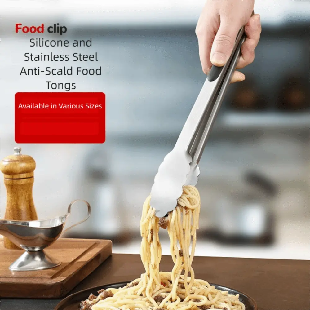 New Stainless Steel Barbecue Tongs Non-Slip Lengthened Bread Tongs Thickened Silver Food Tongs Camping Supplies