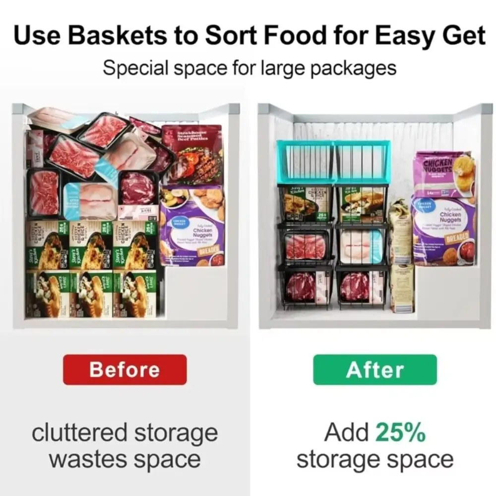 3pcs/set Foldable Handle Stackable Freezer Basket Multifunction Easy Access Kitchen Racks Organizer Space Saving Food Sorting