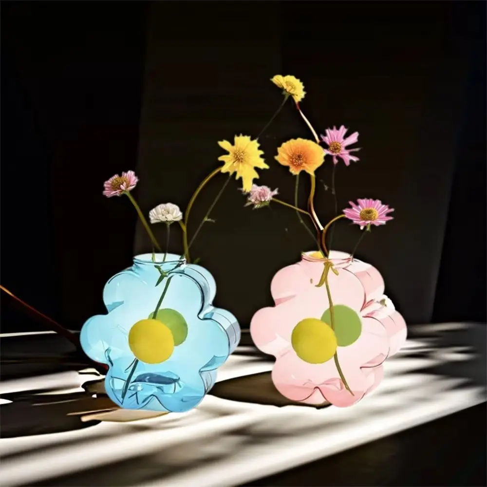 Nordic Flower Shape Transparent Colored Vase Smooth Surface Stable Thickened Glass Plant Pot Flowerpot Ornaments