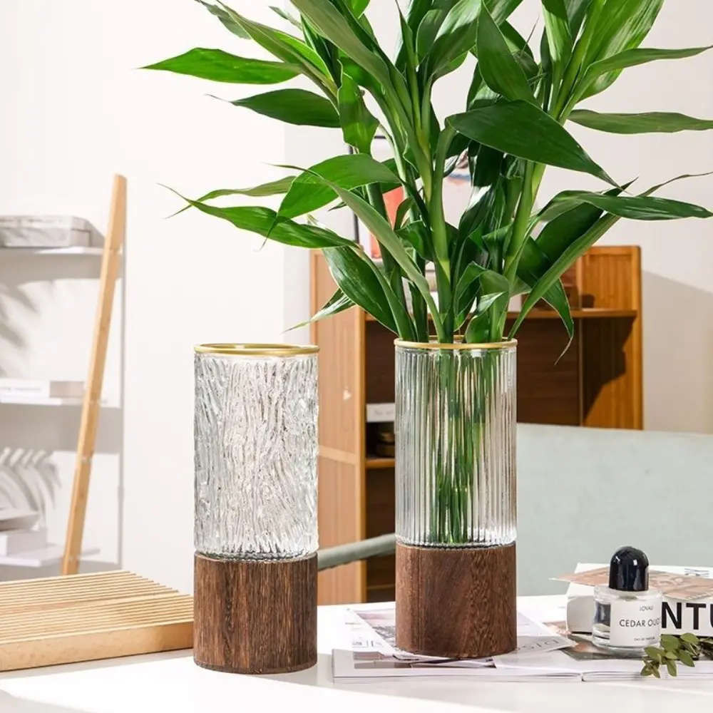 Retro Wooden Base Glass Vase Striped Thick Cylinder Flower Vase Large Capacity Water Nourishing Vase Home Decoration